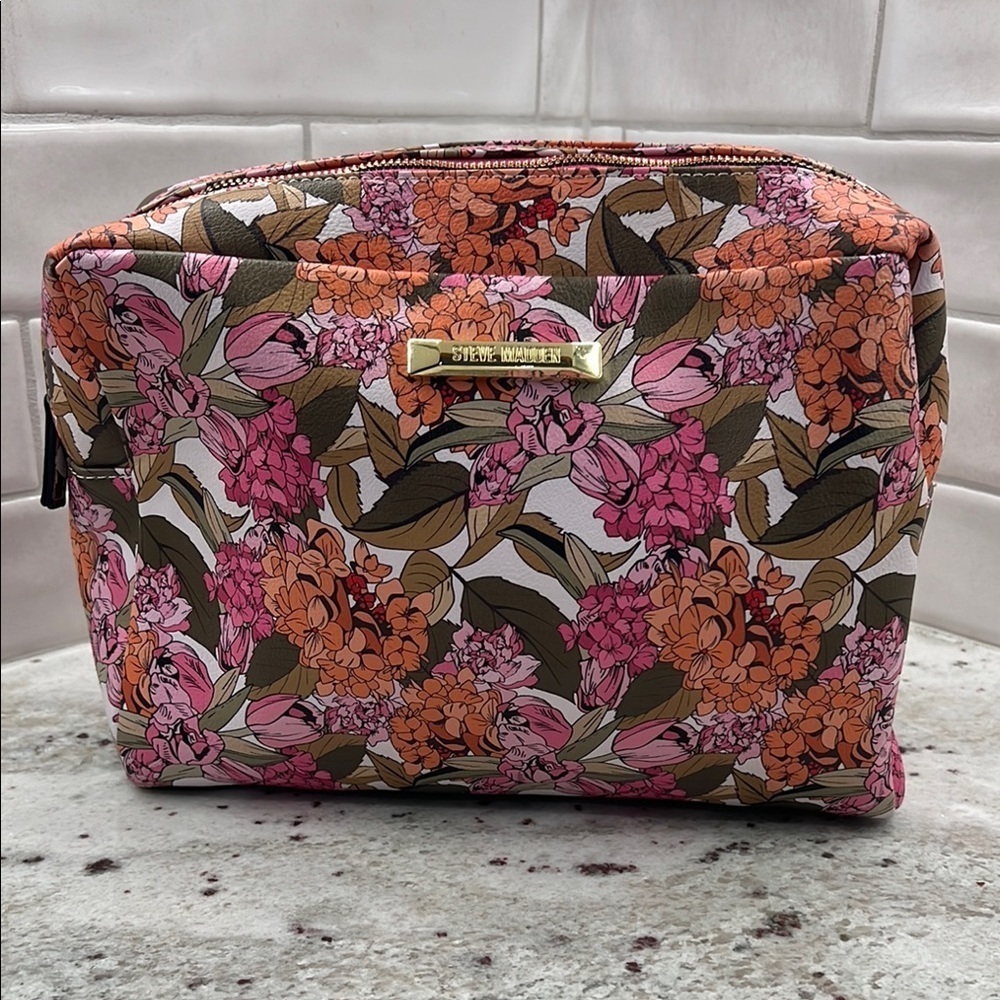 Steve Madden Pink and Brown Cosmetic Bag Floral Design